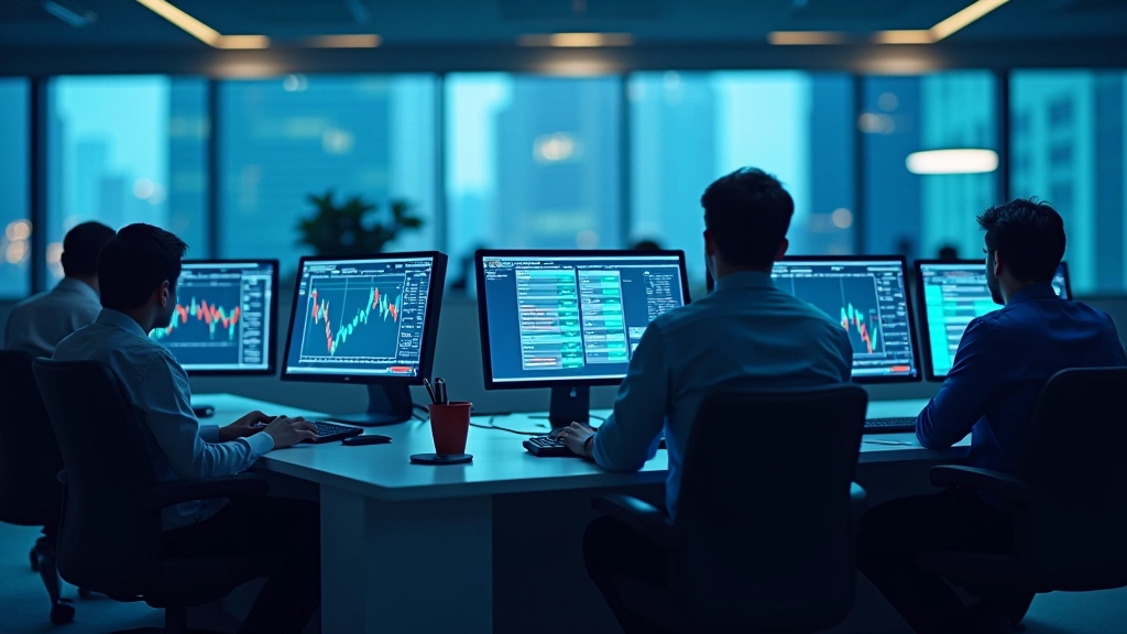 Modern trading floor with professional market analysis workstations and real-time data displays
