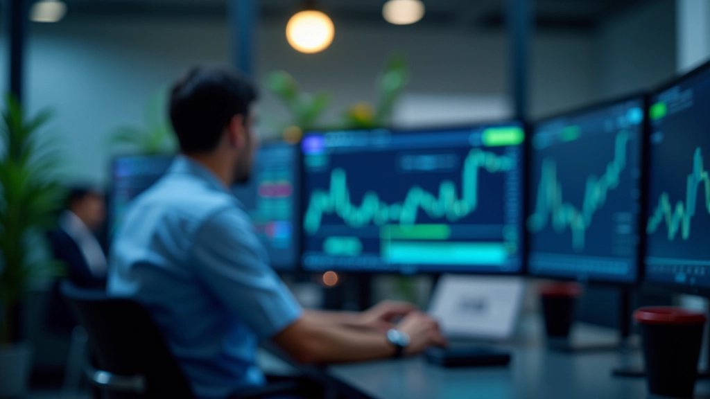 Professional trading floor with multiple monitors displaying financial charts and market data
