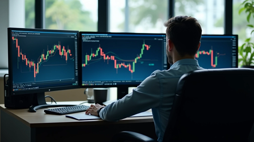 Modern office workspace with financial charts displayed on computer monitors and analysis notebooks