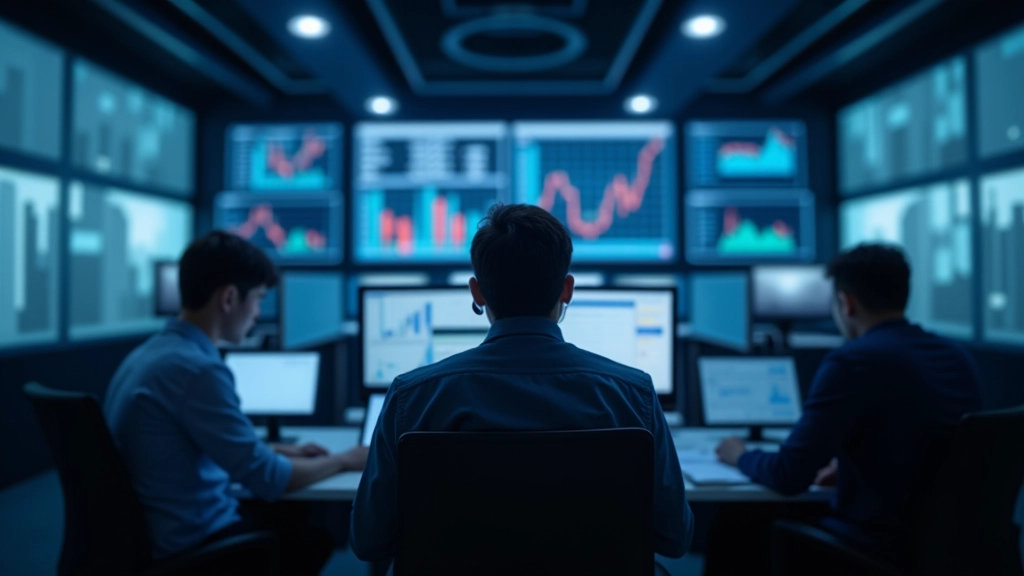 Multiple traders working at trading stations with monitors showing position tracking and risk management software
